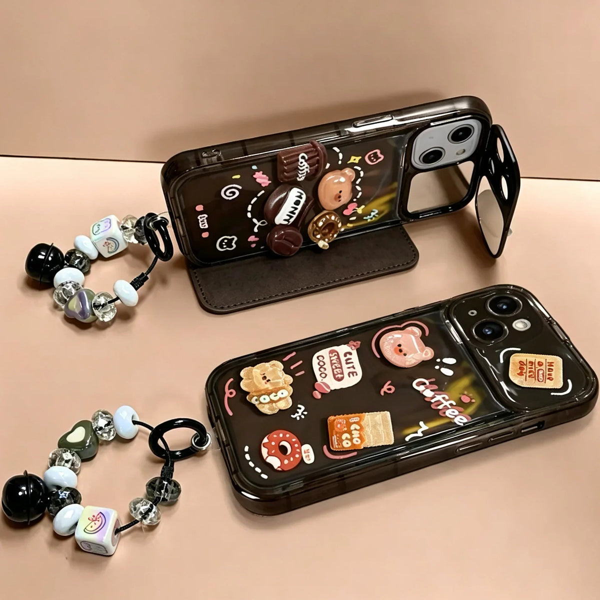 3D bear and Coffee Portable Mirror Phone Case